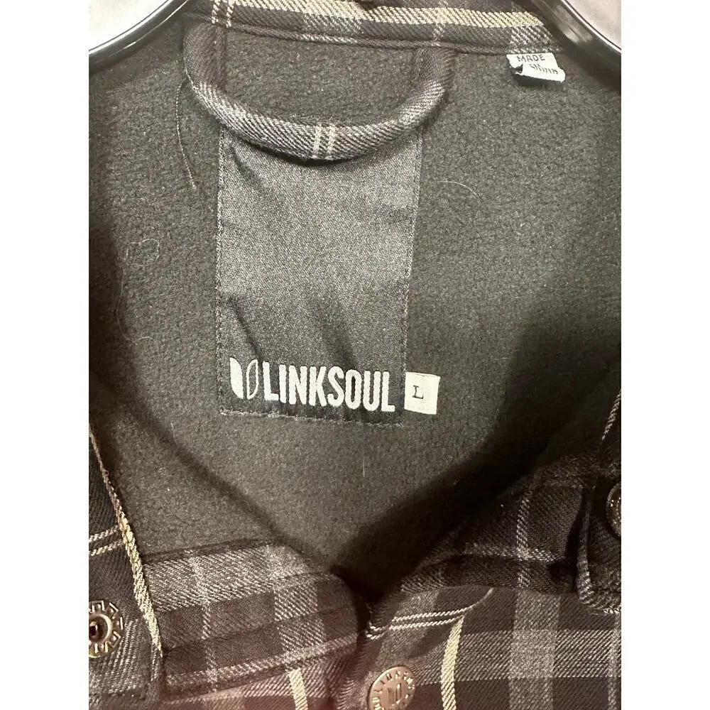 Linksoul Men’s Black Gray Plaid Shacket L Flannel Snap Button Jacket